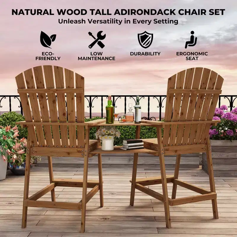 Set di 2 sedie Adirondack con vassoio di collegamento, sedie Adirondack da balcone altezza bar per ponte, cortile, sedie Adirondack alte, legno naturale