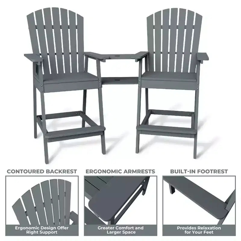 Set di 2 sedie Adirondack con vassoio di collegamento, sedie Adirondack da balcone altezza bar per ponte, cortile, sedie Adirondack alte, legno naturale
