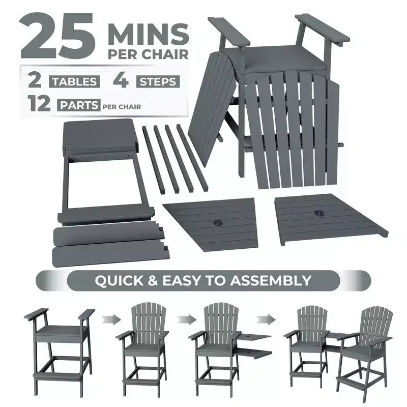 Set di 2 sedie Adirondack con vassoio di collegamento, sedie Adirondack da balcone altezza bar per ponte, cortile, sedie Adirondack alte, legno naturale