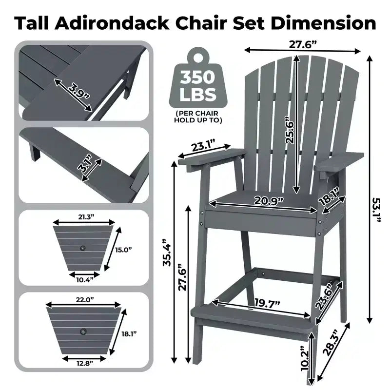 Set di 2 sedie Adirondack con vassoio di collegamento, sedie Adirondack da balcone altezza bar per ponte, cortile, sedie Adirondack alte, legno naturale