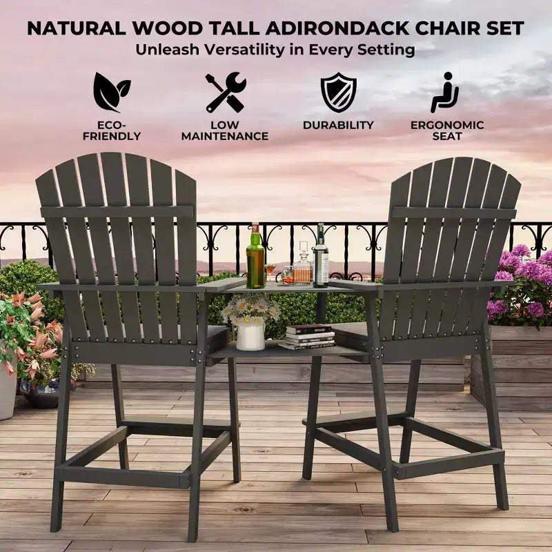 Set di 2 sedie Adirondack con vassoio di collegamento, sedie Adirondack da balcone altezza bar per ponte, cortile, sedie Adirondack alte, legno naturale