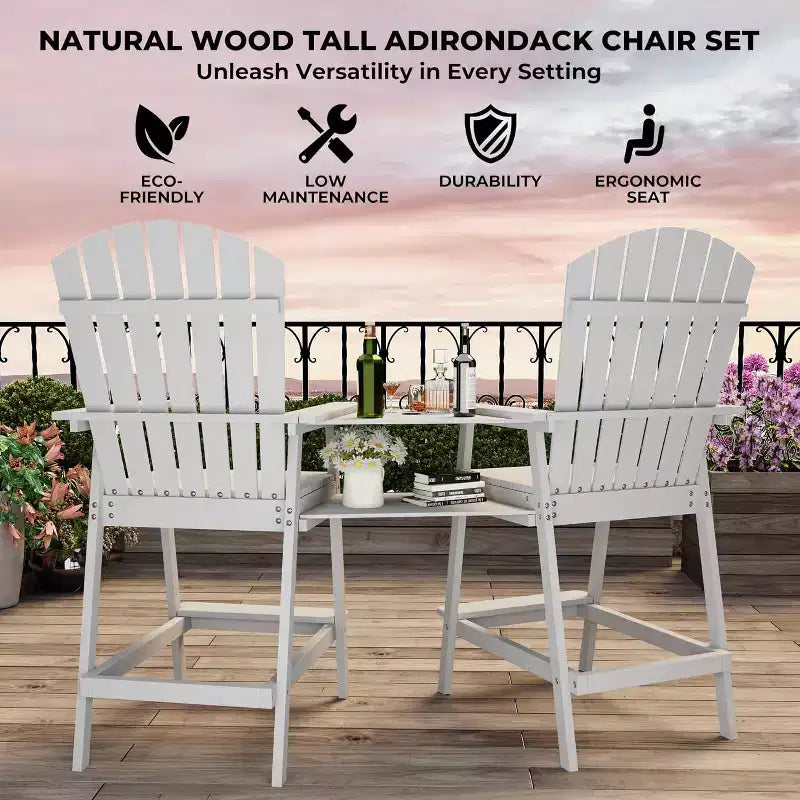 Set di 2 sedie Adirondack con vassoio di collegamento, sedie Adirondack da balcone altezza bar per ponte, cortile, sedie Adirondack alte, legno naturale