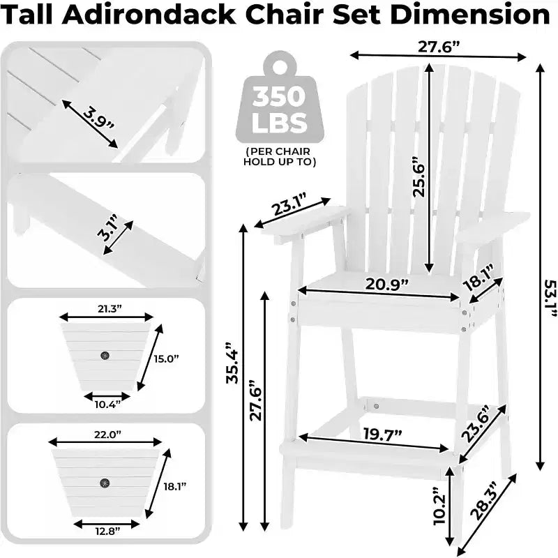 Set di 2 sedie Adirondack con vassoio di collegamento, sedie Adirondack da balcone altezza bar per ponte, cortile, sedie Adirondack alte, legno naturale