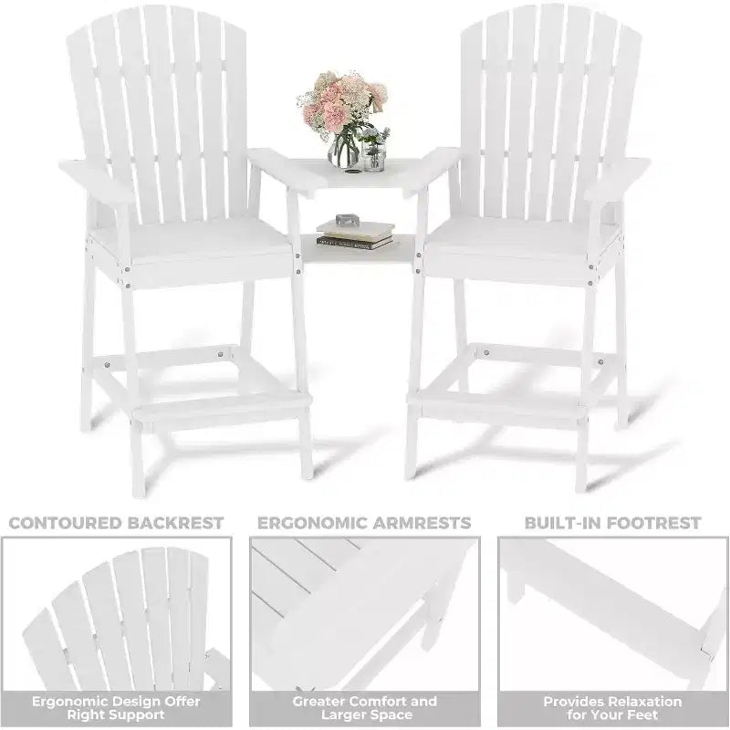 Set di 2 sedie Adirondack con vassoio di collegamento, sedie Adirondack da balcone altezza bar per ponte, cortile, sedie Adirondack alte, legno naturale
