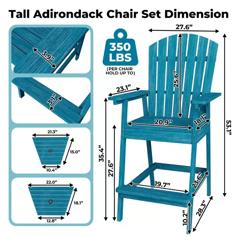 Set di 2 sedie Adirondack con vassoio di collegamento, sedie Adirondack da balcone altezza bar per ponte, cortile, sedie Adirondack alte, legno naturale