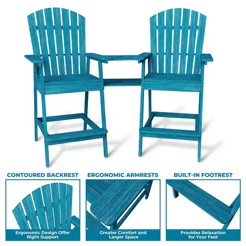 Set di 2 sedie Adirondack con vassoio di collegamento, sedie Adirondack da balcone altezza bar per ponte, cortile, sedie Adirondack alte, legno naturale