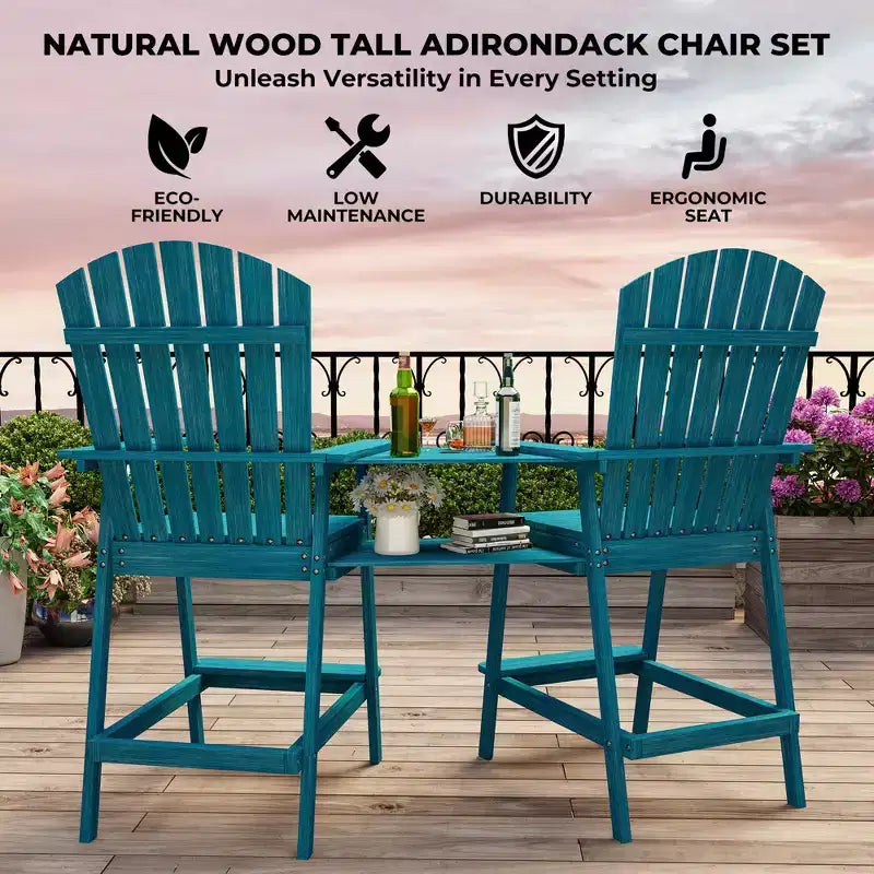 Set di 2 sedie Adirondack con vassoio di collegamento, sedie Adirondack da balcone altezza bar per ponte, cortile, sedie Adirondack alte, legno naturale