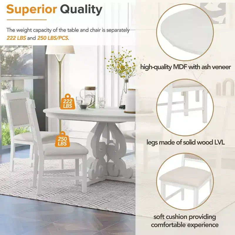 Set da pranzo retrò da 5 pezzi con tavolo allungabile e 4 sedie imbottite, prolunga da 40 cm, ideale per cucina e sala da pranzo