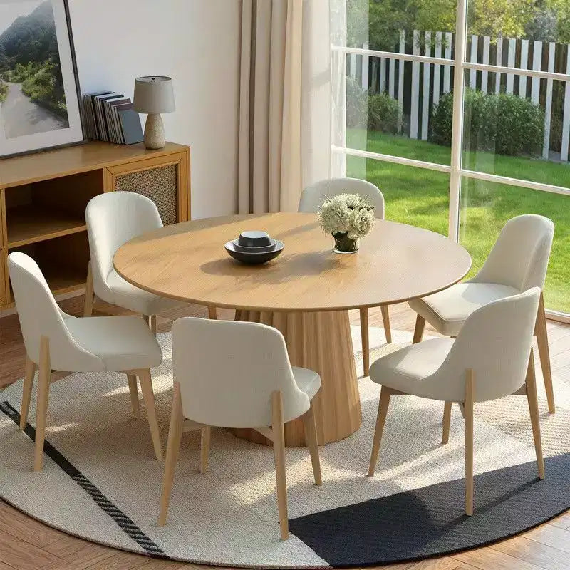 PexFix 52 Tavolo da pranzo rotondo moderno con 8 sedie imbottite, piano in legno a trama naturale, base a piedistallo plissettata, sedute beige per cucina sala da pranzo