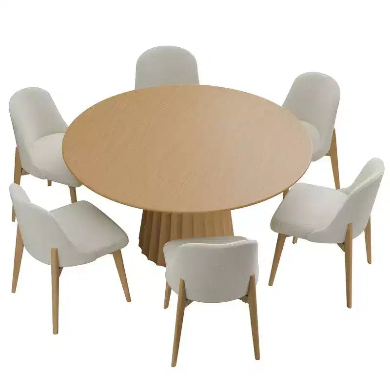 PexFix 52 Tavolo da pranzo rotondo moderno con 8 sedie imbottite, piano in legno a trama naturale, base a piedistallo plissettata, sedute beige per cucina sala da pranzo