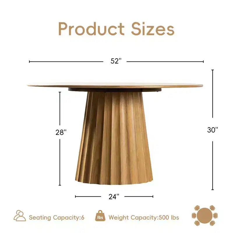 PexFix 52 Tavolo da pranzo rotondo moderno con 8 sedie imbottite, piano in legno a trama naturale, base a piedistallo plissettata, sedute beige per cucina sala da pranzo