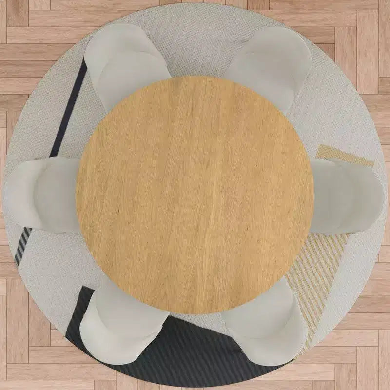 PexFix 52 Tavolo da pranzo rotondo moderno con 8 sedie imbottite, piano in legno a trama naturale, base a piedistallo plissettata, sedute beige per cucina sala da pranzo