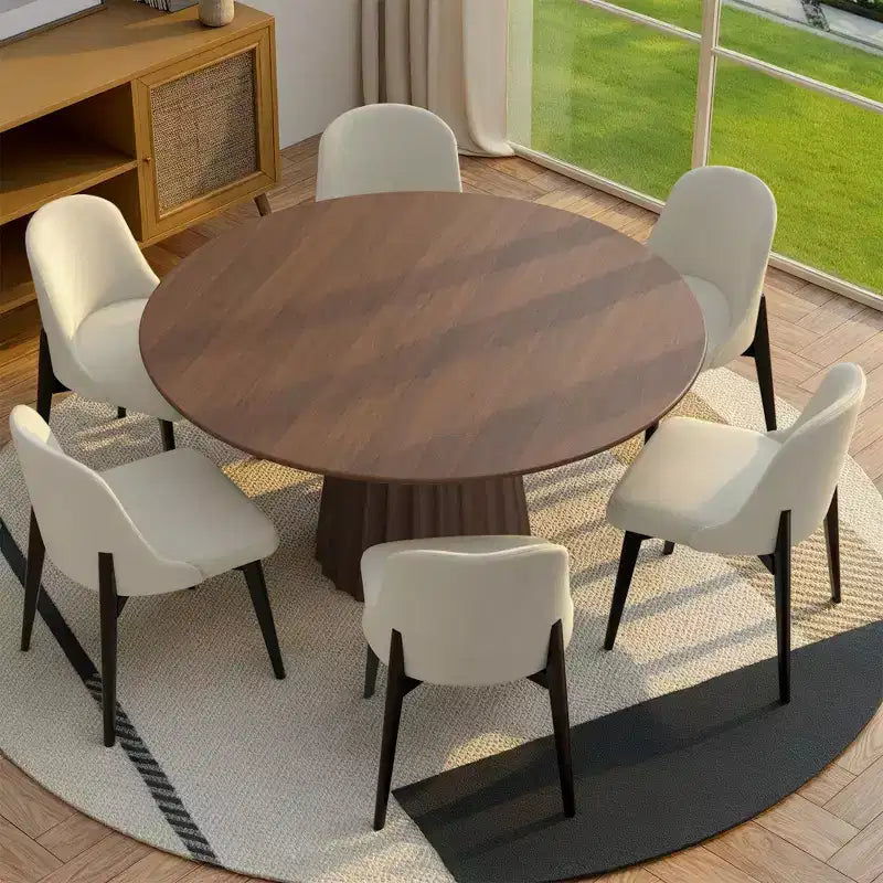 PexFix 52 Set Tavolo da Pranzo Rotondo Moderno con 6 Sedie Imbottite Piano in Legno Testurizzato Noce Base a Piedistallo Pieghettata Sedute Beige per Cucina Sala da Pranzo
