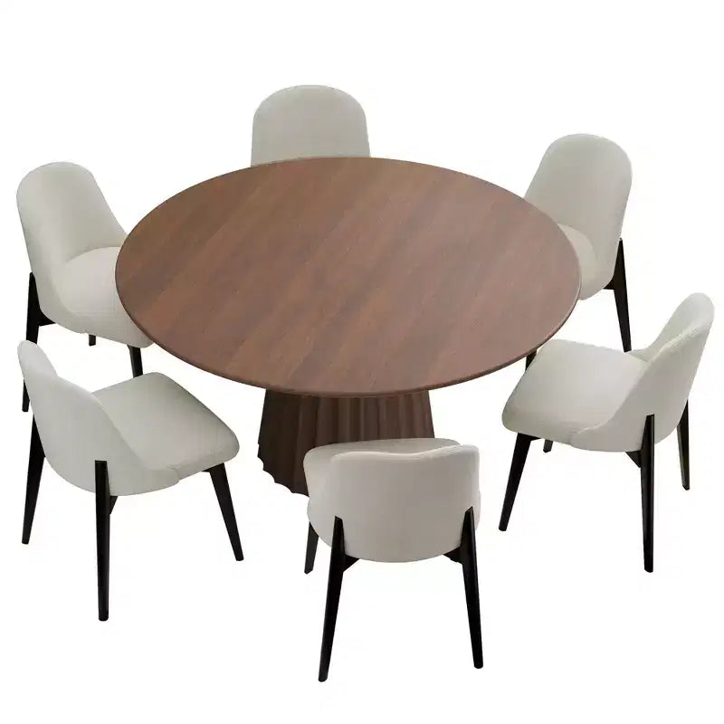 PexFix 52 Set Tavolo da Pranzo Rotondo Moderno con 6 Sedie Imbottite Piano in Legno Testurizzato Noce Base a Piedistallo Pieghettata Sedute Beige per Cucina Sala da Pranzo