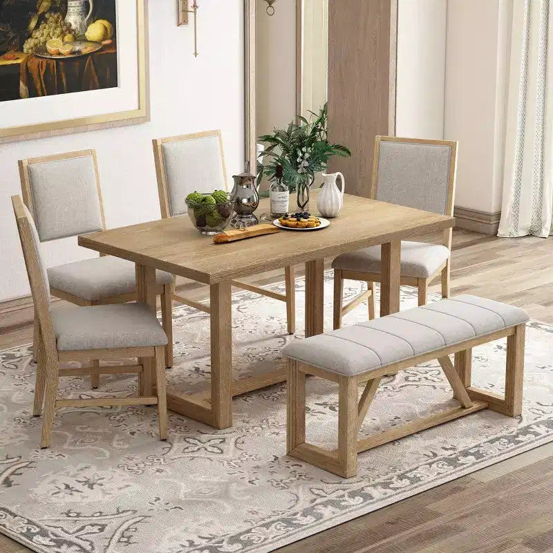 GDFStudio Monica, set da pranzo di 6 pezzi con tavolo in legno da 60" e sedie e panca imbottite