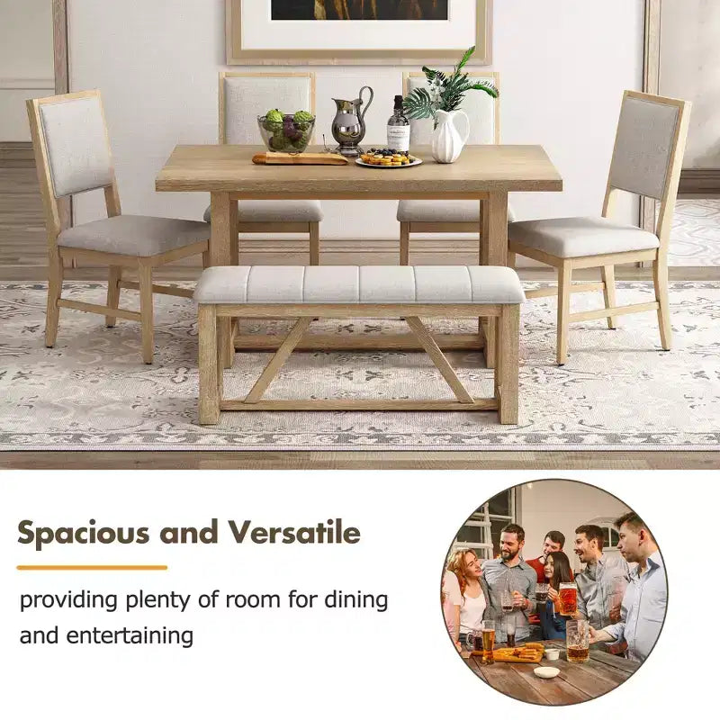 GDFStudio Monica, set da pranzo di 6 pezzi con tavolo in legno da 60" e sedie e panca imbottite