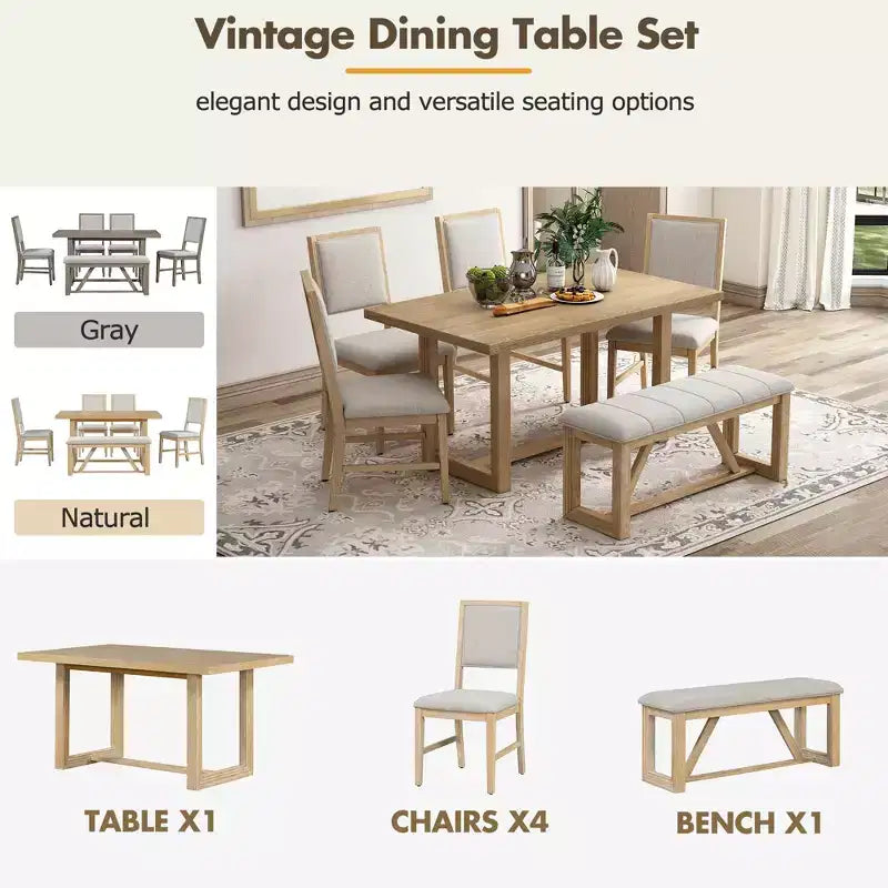 GDFStudio Monica, set da pranzo di 6 pezzi con tavolo in legno da 60" e sedie e panca imbottite