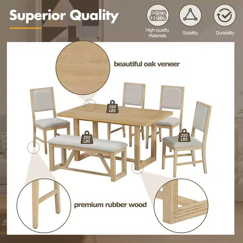 GDFStudio Monica, set da pranzo di 6 pezzi con tavolo in legno da 60" e sedie e panca imbottite