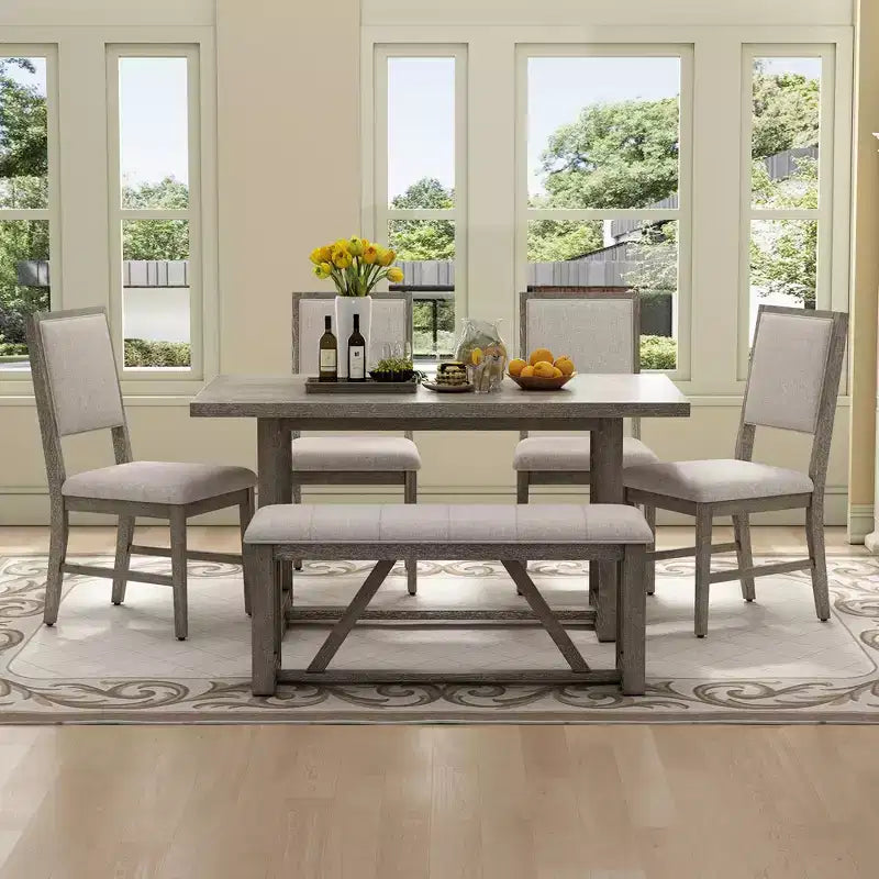 GDFStudio Monica, set da pranzo di 6 pezzi con tavolo in legno da 60" e sedie e panca imbottite