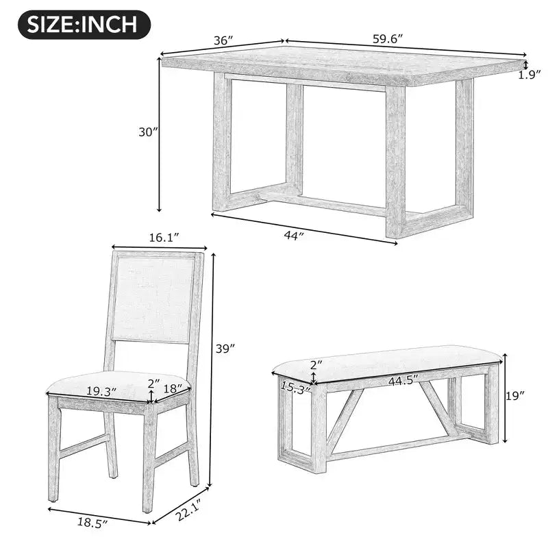 GDFStudio Monica, set da pranzo di 6 pezzi con tavolo in legno da 60" e sedie e panca imbottite