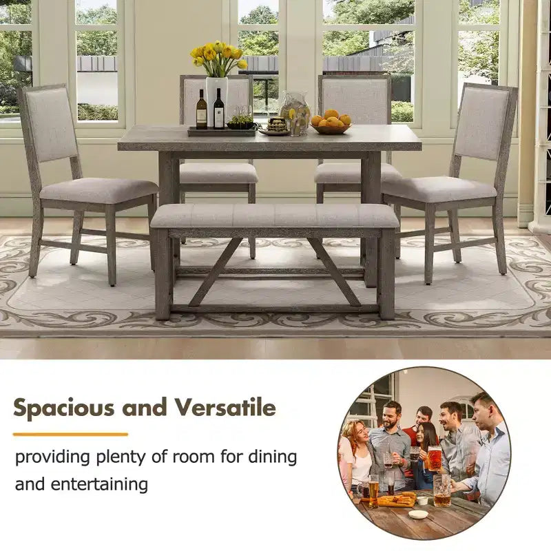 GDFStudio Monica, set da pranzo di 6 pezzi con tavolo in legno da 60" e sedie e panca imbottite