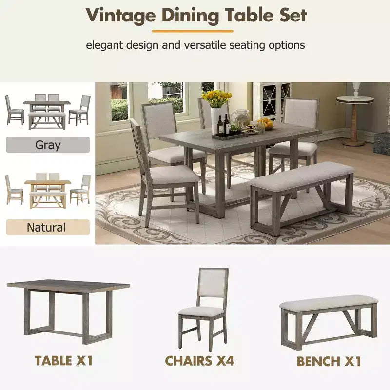 GDFStudio Monica, set da pranzo di 6 pezzi con tavolo in legno da 60" e sedie e panca imbottite