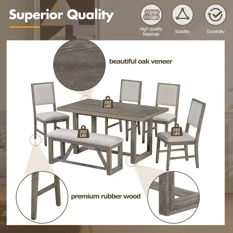 GDFStudio Monica, set da pranzo di 6 pezzi con tavolo in legno da 60" e sedie e panca imbottite