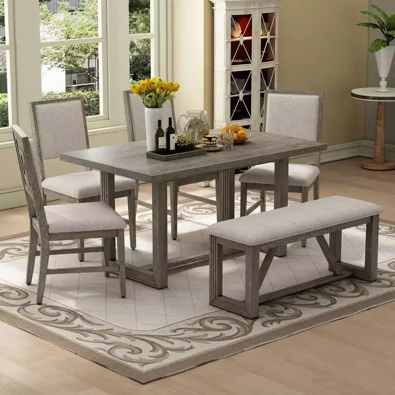 GDFStudio Monica 6 Piece Dining Set with 60 Wood Table and Upholstered Chairs&Bench