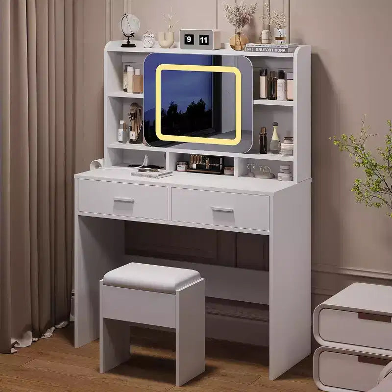 COZONY Toeletta con specchio illuminato e sgabello, tavolo da trucco scorrevole con mensole e cassetti