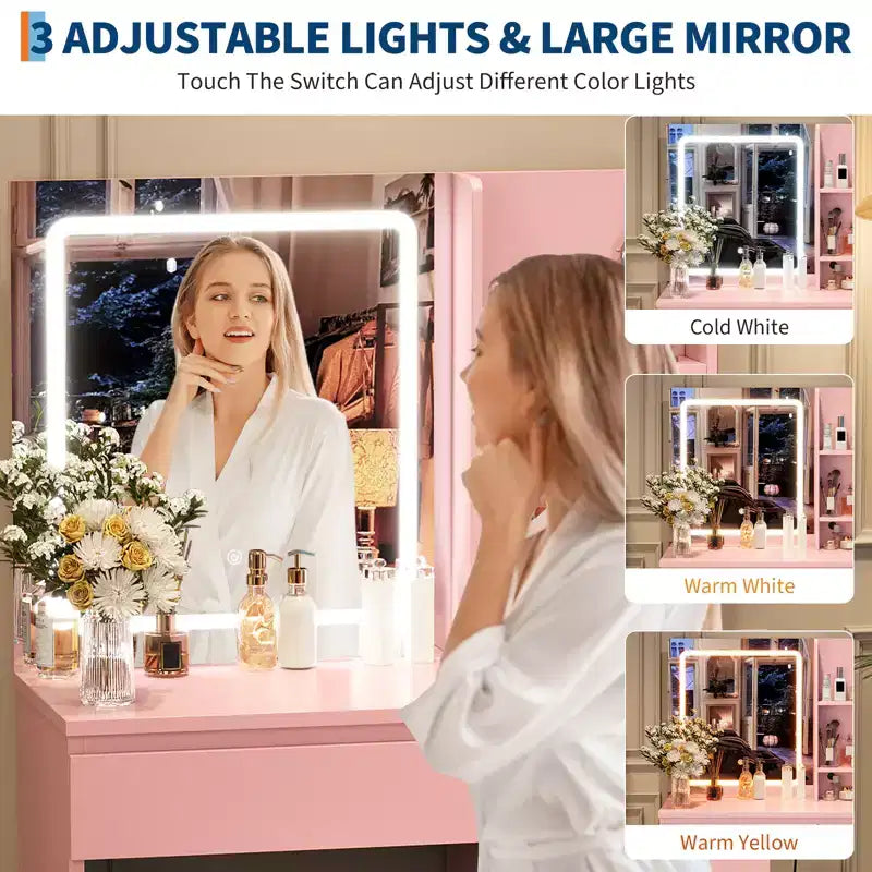 Toeletta con Specchio e Luci a LED, Tavolo da Trucco Moderno, con 4 Cassetti, 3 Modalità di Illuminazione Regolabili, per Camera da Letto