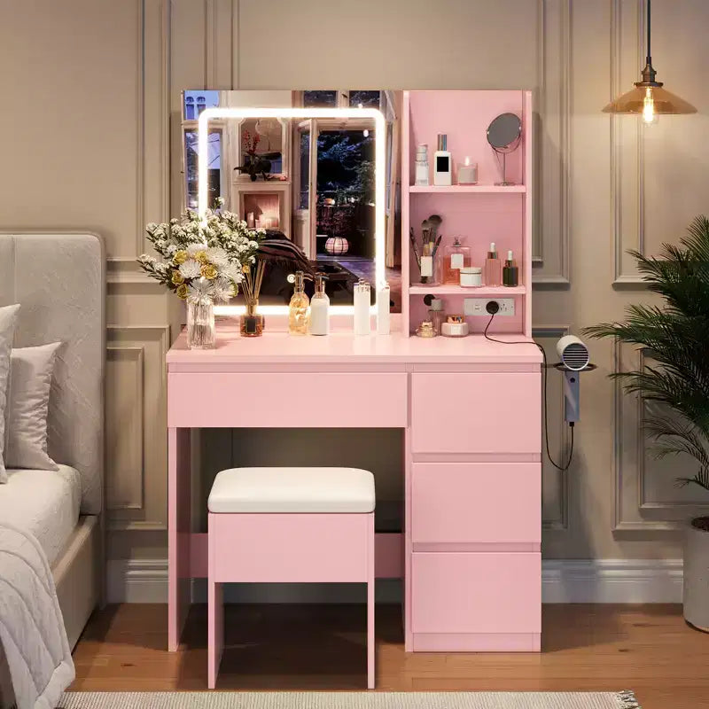 Toeletta con Specchio e Luci a LED, Tavolo da Trucco Moderno, con 4 Cassetti, 3 Modalità di Illuminazione Regolabili, per Camera da Letto