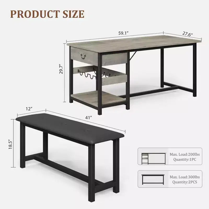 Set tavolo da pranzo per 4 persone, set da pranzo rustico altezza bar con vani portaoggetti e panche imbottite, set tavolo da cucina/isola per bar di casa, pub