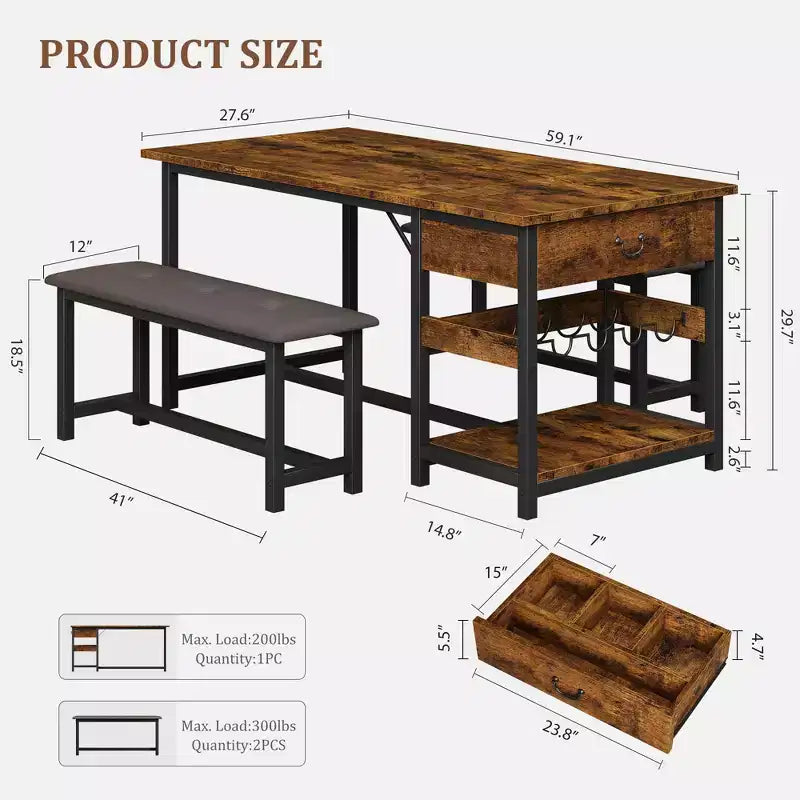 Set tavolo da pranzo per 4 persone, set da pranzo rustico altezza bar con vani portaoggetti e panche imbottite, set tavolo da cucina/isola per bar di casa, pub