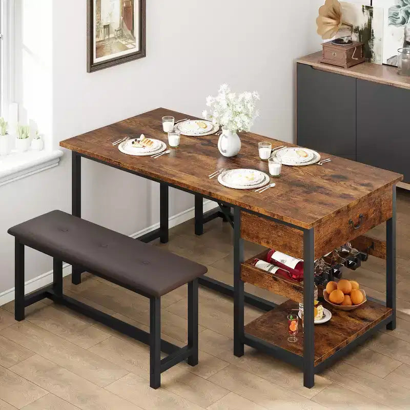 Set tavolo da pranzo per 4 persone, set da pranzo rustico altezza bar con vani portaoggetti e panche imbottite, set tavolo da cucina/isola per bar di casa, pub