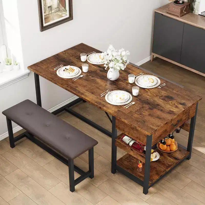 Set tavolo da pranzo per 4 persone, set da pranzo rustico altezza bar con vani portaoggetti e panche imbottite, set tavolo da cucina/isola per bar di casa, pub