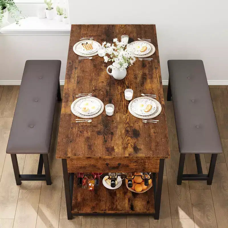 Dining Table Set for 4, Rustic Bar Height Dining Set with Storage & Upholstered Benches, Kitchen Table Set Island Table for Home Bar, Pub