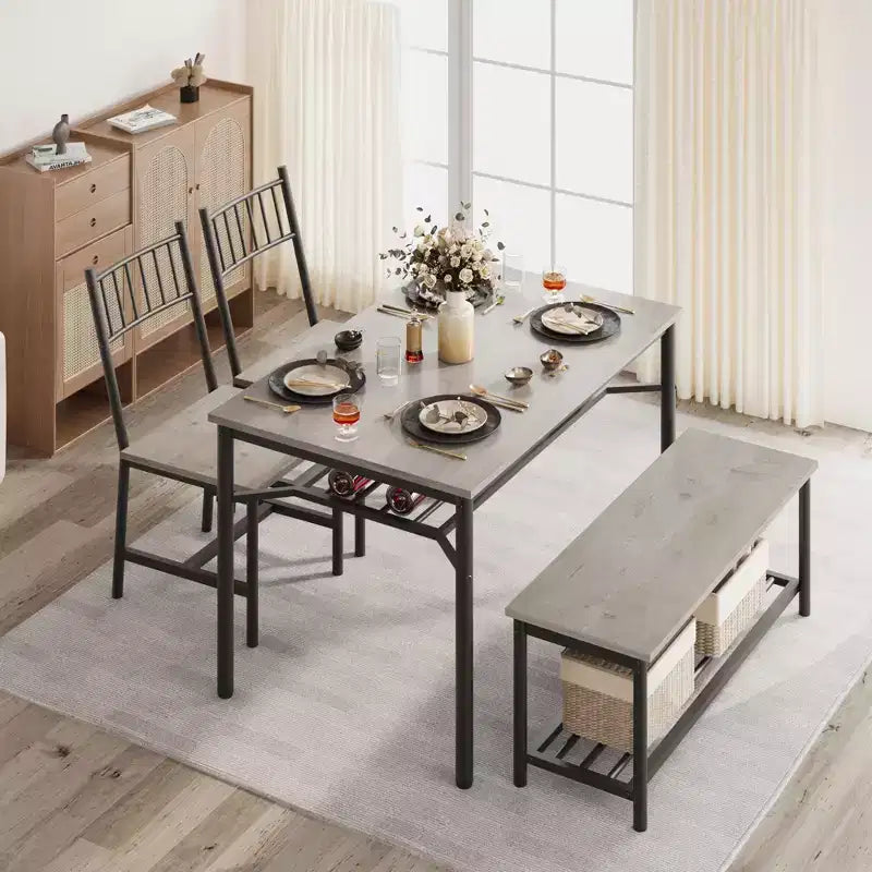 Set di 4 sedie da cucina, Set tavolo da pranzo per 4 con panca e sedie, Set da 4 pezzi per tavolo da cucina con ripiano portaoggetti per piccoli spazi