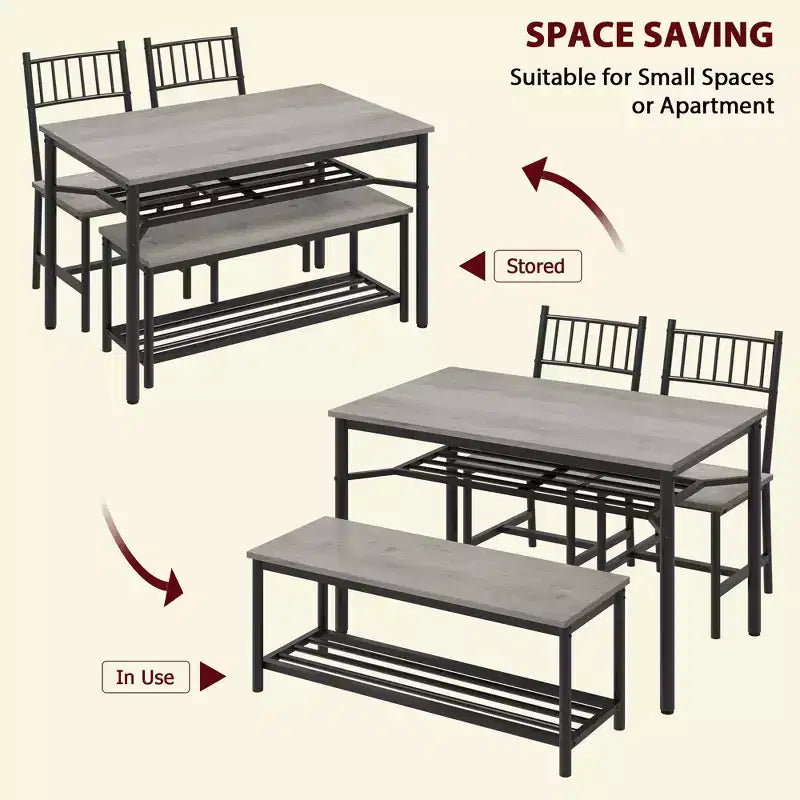 Set di 4 sedie da cucina, Set tavolo da pranzo per 4 con panca e sedie, Set da 4 pezzi per tavolo da cucina con ripiano portaoggetti per piccoli spazi