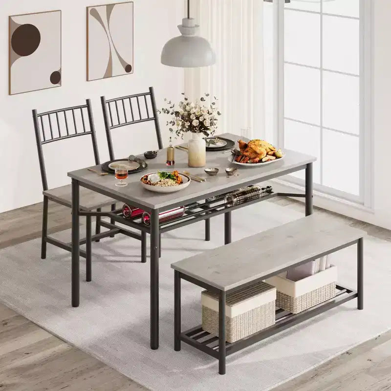 Set di 4 sedie da cucina, Set tavolo da pranzo per 4 con panca e sedie, Set da 4 pezzi per tavolo da cucina con ripiano portaoggetti per piccoli spazi
