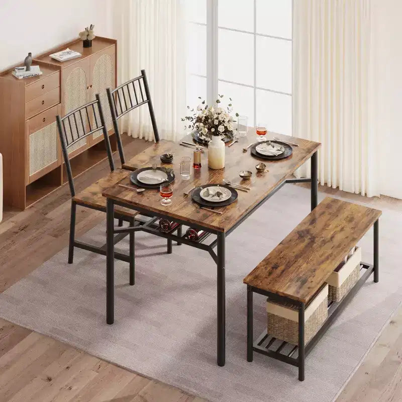 Set di 4 sedie da cucina, Set tavolo da pranzo per 4 con panca e sedie, Set da 4 pezzi per tavolo da cucina con ripiano portaoggetti per piccoli spazi