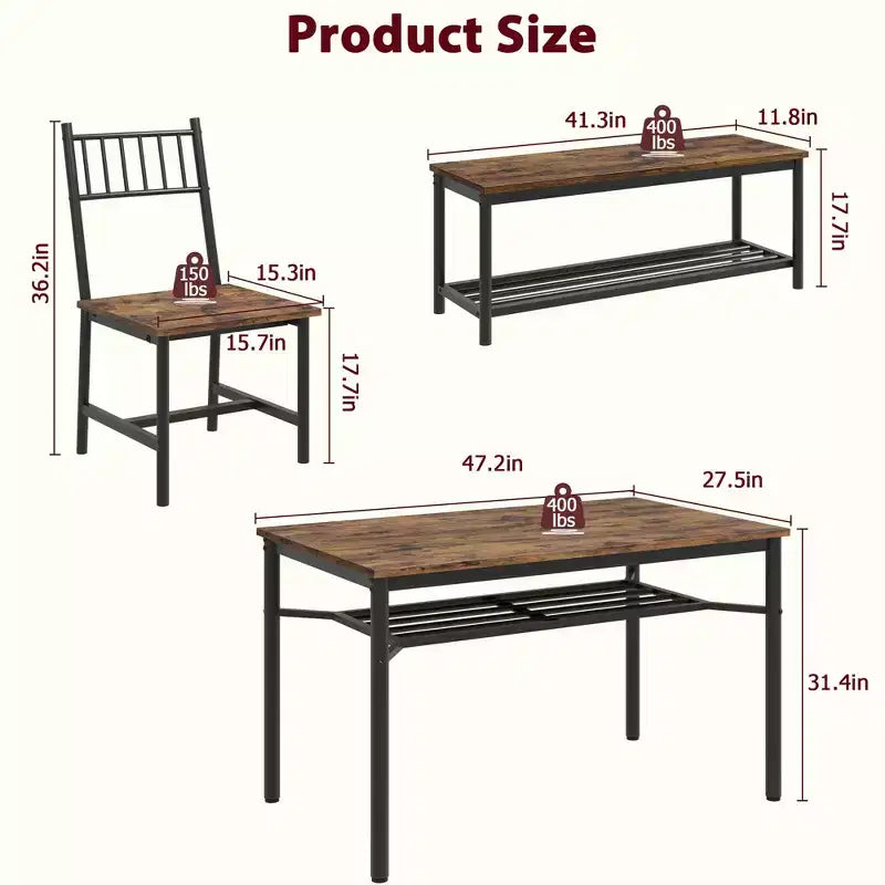 Set di 4 sedie da cucina, Set tavolo da pranzo per 4 con panca e sedie, Set da 4 pezzi per tavolo da cucina con ripiano portaoggetti per piccoli spazi
