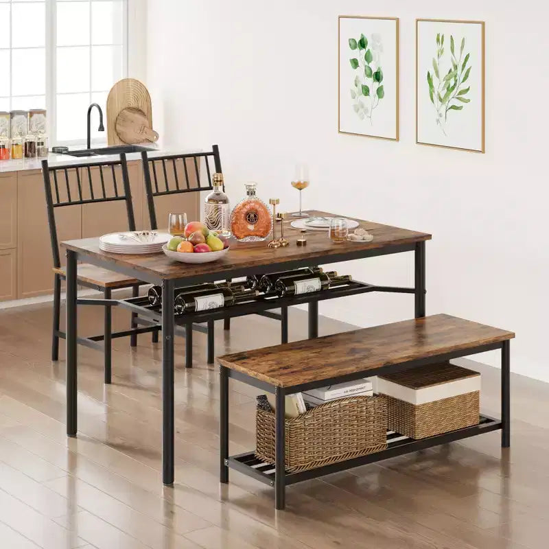 Set di 4 sedie da cucina, Set tavolo da pranzo per 4 con panca e sedie, Set da 4 pezzi per tavolo da cucina con ripiano portaoggetti per piccoli spazi