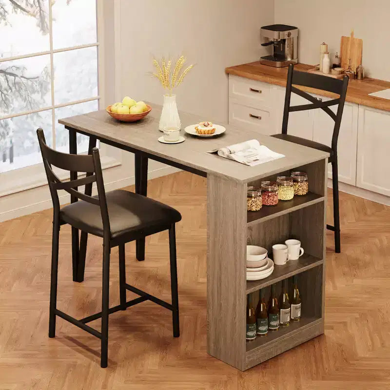 Set tavolo da pranzo per 2, tavolo e sedie da cucina altezza bancone con ripiani portaoggetti, set tavolo da bar con 2 sedie imbottite, set tavolo da pranzo