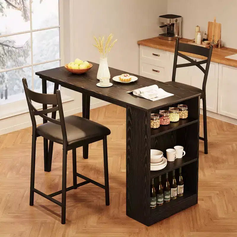 Set tavolo da pranzo per 2, tavolo e sedie da cucina altezza bancone con ripiani portaoggetti, set tavolo da bar con 2 sedie imbottite, set tavolo da pranzo