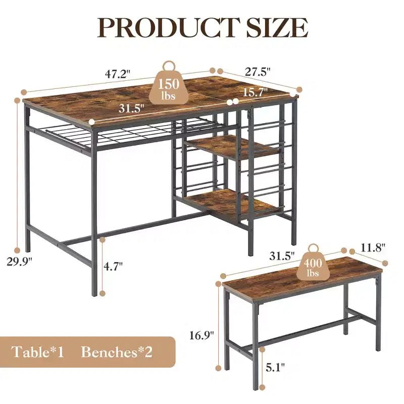 TRINITY Set tavolo da pranzo per 4 persone, set tavolo da cucina per 4 persone con 2 panche, set tavolo da pranzo rettangolare con portabottiglie e ripiani contenitori