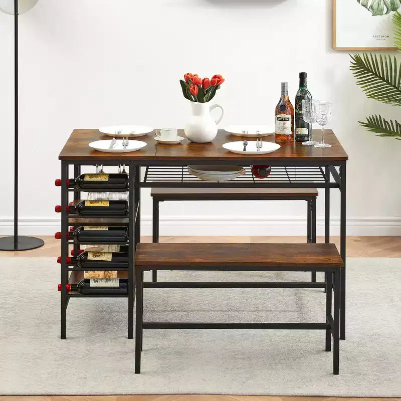TRINITY Set tavolo da pranzo per 4 persone, set tavolo da cucina per 4 persone con 2 panche, set tavolo da pranzo rettangolare con portabottiglie e ripiani contenitori