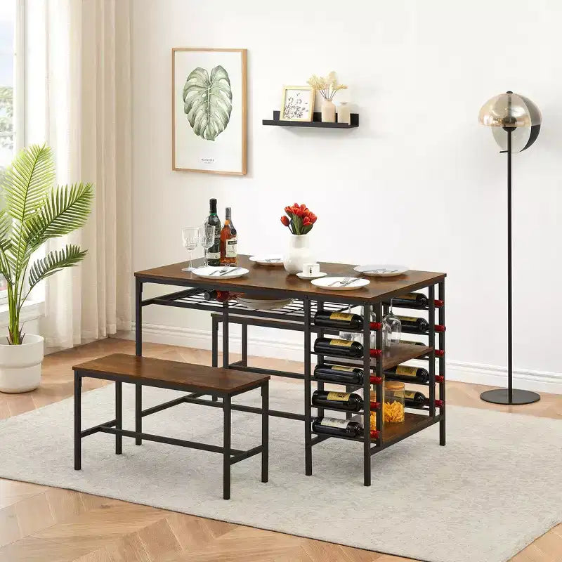 TRINITY Set tavolo da pranzo per 4 persone, set tavolo da cucina per 4 persone con 2 panche, set tavolo da pranzo rettangolare con portabottiglie e ripiani contenitori