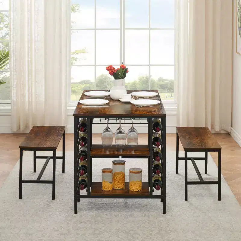 TRINITY Set tavolo da pranzo per 4 persone, set tavolo da cucina per 4 persone con 2 panche, set tavolo da pranzo rettangolare con portabottiglie e ripiani contenitori