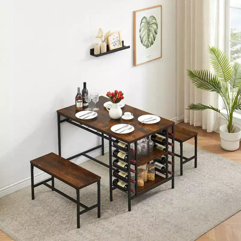 TRINITY Set tavolo da pranzo per 4 persone, set tavolo da cucina per 4 persone con 2 panche, set tavolo da pranzo rettangolare con portabottiglie e ripiani contenitori
