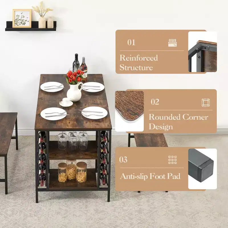 TRINITY Set tavolo da pranzo per 4 persone, set tavolo da cucina per 4 persone con 2 panche, set tavolo da pranzo rettangolare con portabottiglie e ripiani contenitori
